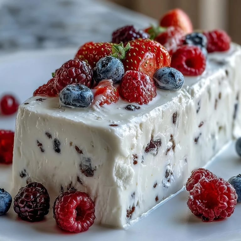Creamy frozen yogurt bark topped with fresh mixed berries, a healthy summer snack for kids and adults alike.
