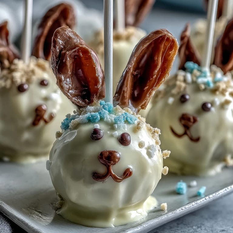 Adorable bunny-shaped cake pops dipped in smooth white chocolate, featuring edible eyes, whiskers, and pastel sprinkle details for Easter fun.