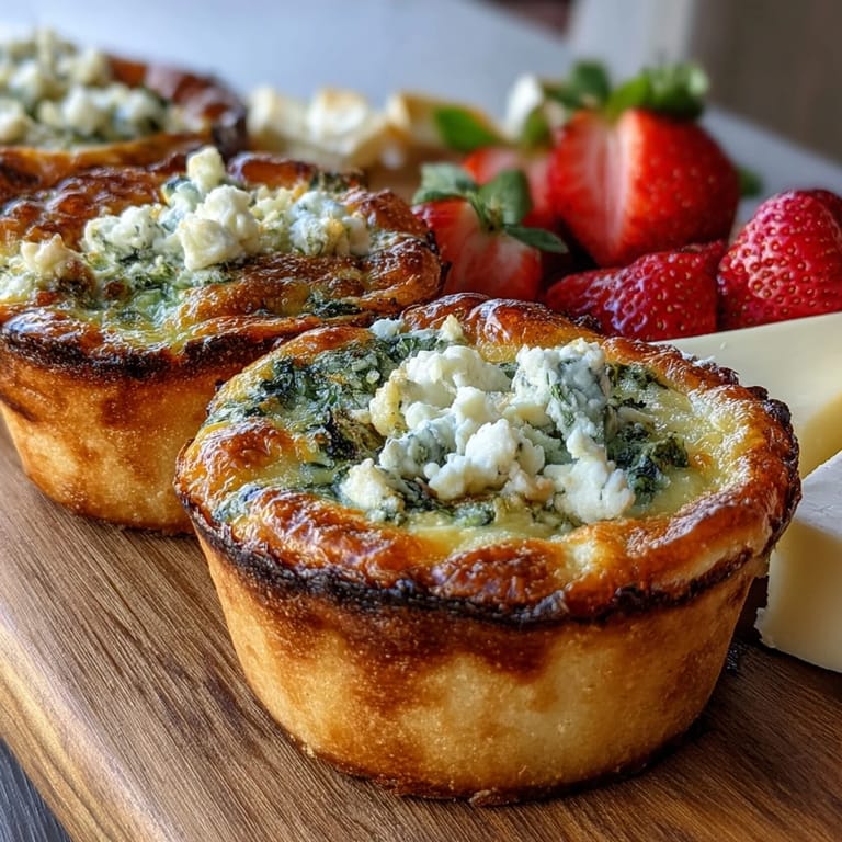 Charming Mother's Day brunch spread with golden mini quiches, seasonal berries, creamy cheeses, and sweet pastries on a large board.