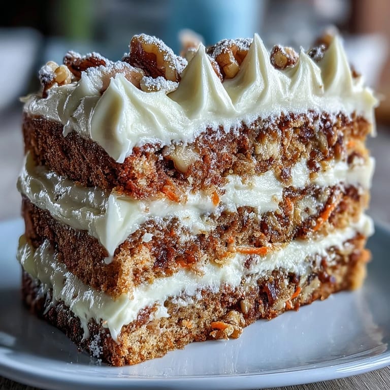 Classic carrot and walnut cake with creamy frosting, garnished with fresh carrot curls and crunchy nuts.
