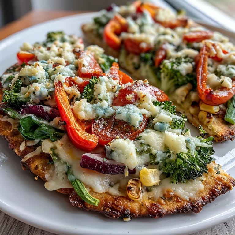 Festive St. Patrick's Day Rainbow Veggie Flatbread Pizza topped with fresh seasonal vegetables and herbs, perfect for sharing.