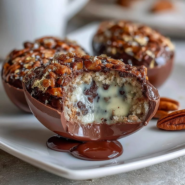 Handcrafted Easter eggs with a vibrant strawberry-chocolate shell encase a luscious crunchy filling of chocolate, hazelnuts, and crisped rice, finished with edible gold leaf.