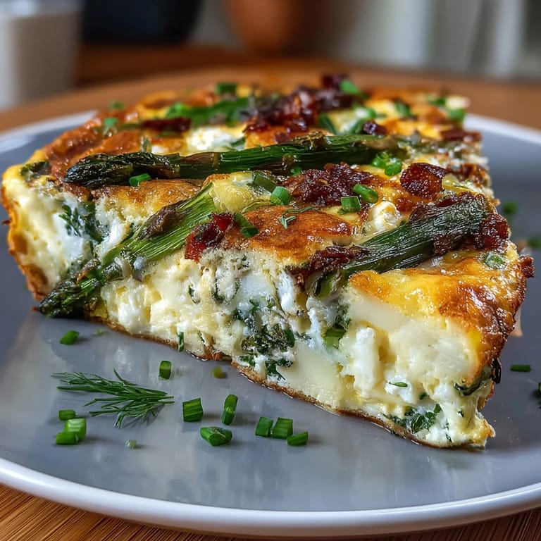 Asparagus and goat cheese frittata with fresh chives and dill, light and creamy, ideal for a healthy spring breakfast.
