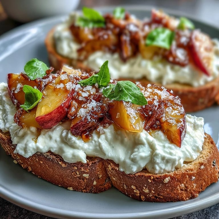 Creamy burrata, sweet peach slices, and honey drizzle on toasted bread for an elegant spring brunch appetizer.