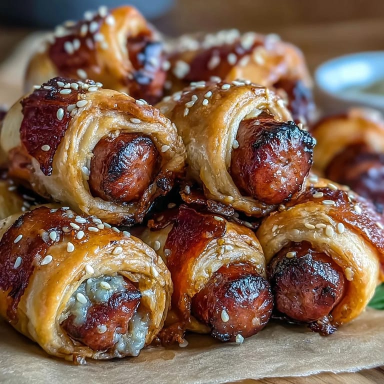 Crispy, golden pigs in a blanket with sesame seed topping, paired with zesty homemade dipping sauce for easy snacking.