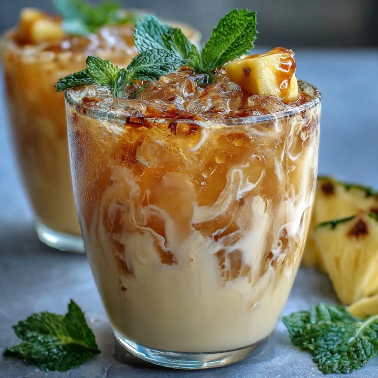 A pitcher of creamy pineapple coconut agua fresca with tropical fruit and mint, served over ice for a cooling drink.