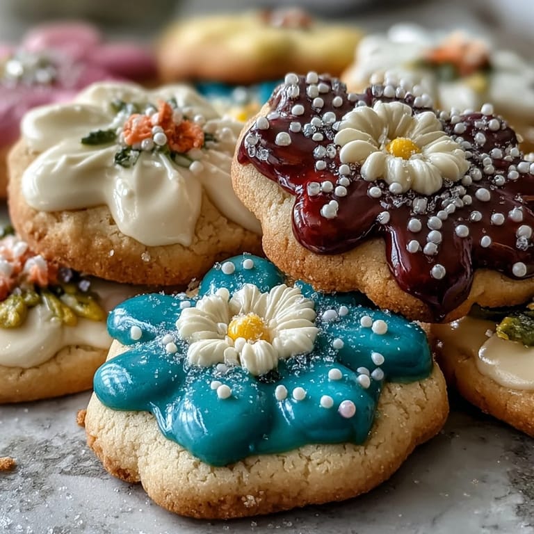 Beautifully decorated flower-shaped shortbread cookies with royal icing, a sweet and elegant treat for spring gatherings or gifting.