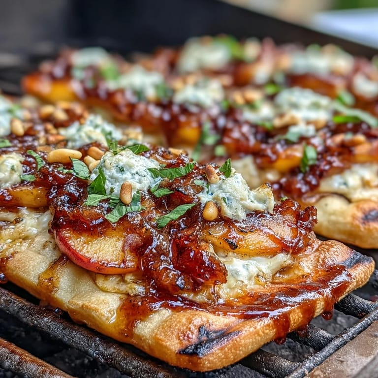Golden grilled flatbread topped with juicy peaches, creamy Brie, and tangy BBQ sauce.  