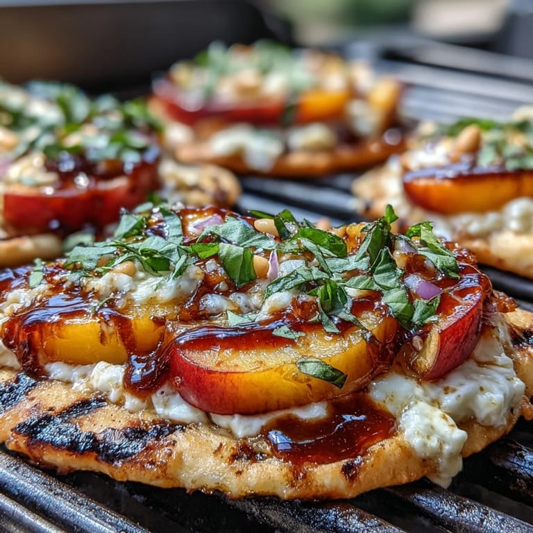 Summery flatbread with grilled peaches, melted Brie, red onion, and fresh herbs on a crispy crust.