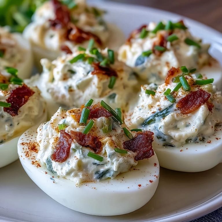 Jalapeño popper deviled eggs - Classic deviled eggs elevated with jalapeño, cream cheese, and bacon for a spicy, creamy bite.