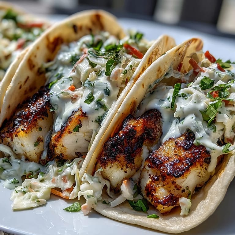 Fresh grilled fish tacos bursting with tropical coconut and lime flavor, topped with vibrant red cabbage slaw.