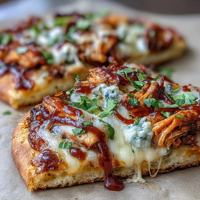 Delicious BBQ chicken flatbread pizza loaded with cheese, vegetables, and smoky sauce, ideal for quick weeknight meals or gatherings.