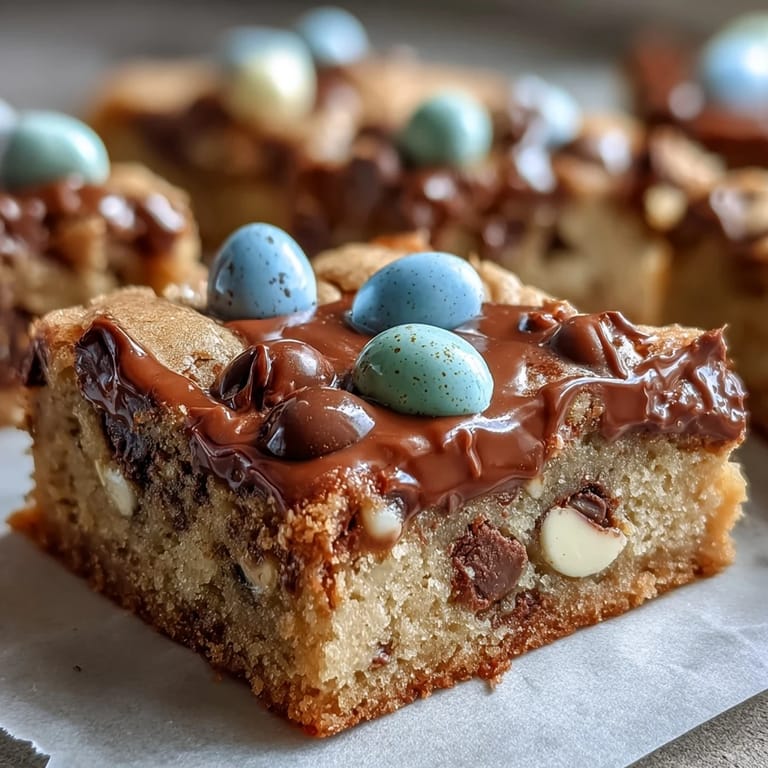 Soft, gooey cookie bars packed with creamy peanut butter and festive Easter egg candies, perfect for spring.
