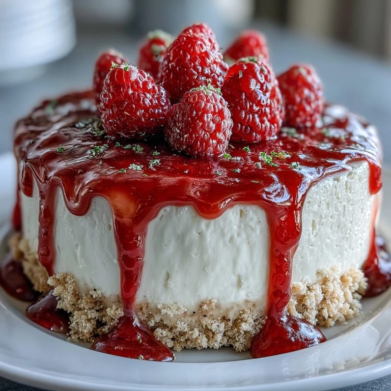 Creamy no-bake cheesecake with a thick biscuit crust and luscious raspberry sauce.