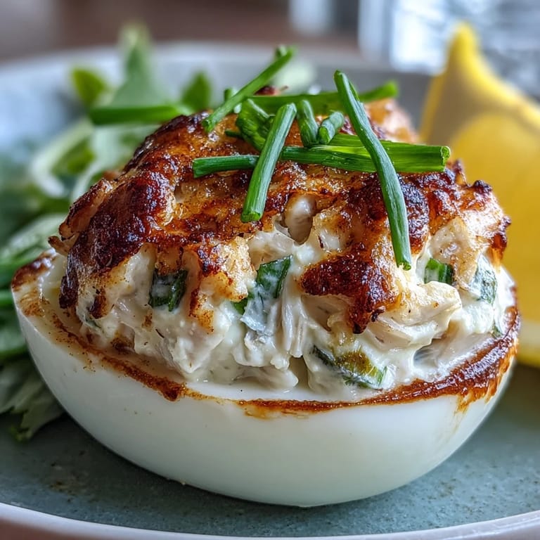 Golden Crab Cake Deviled Eggs with Old Bay, a stunning, savory snack.