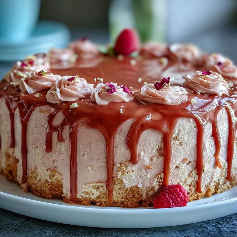 Rosé Velvet Cake, a beautiful pink dessert for celebrations with a shiny gold glaze.