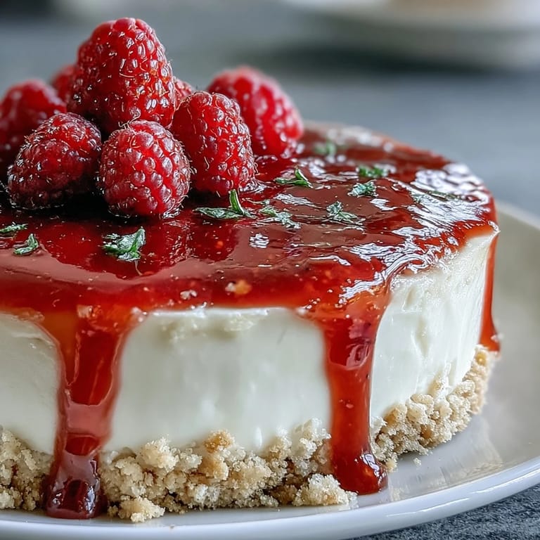 Sweet, easy Mother's Day no-bake cheesecake topped with tangy homemade raspberry coulis.