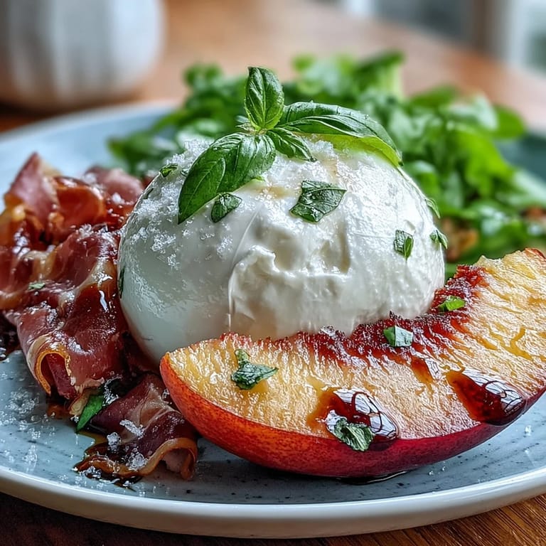 Enjoy a refreshing Burrata and Peach Summer Salad with salty prosciutto and greens.