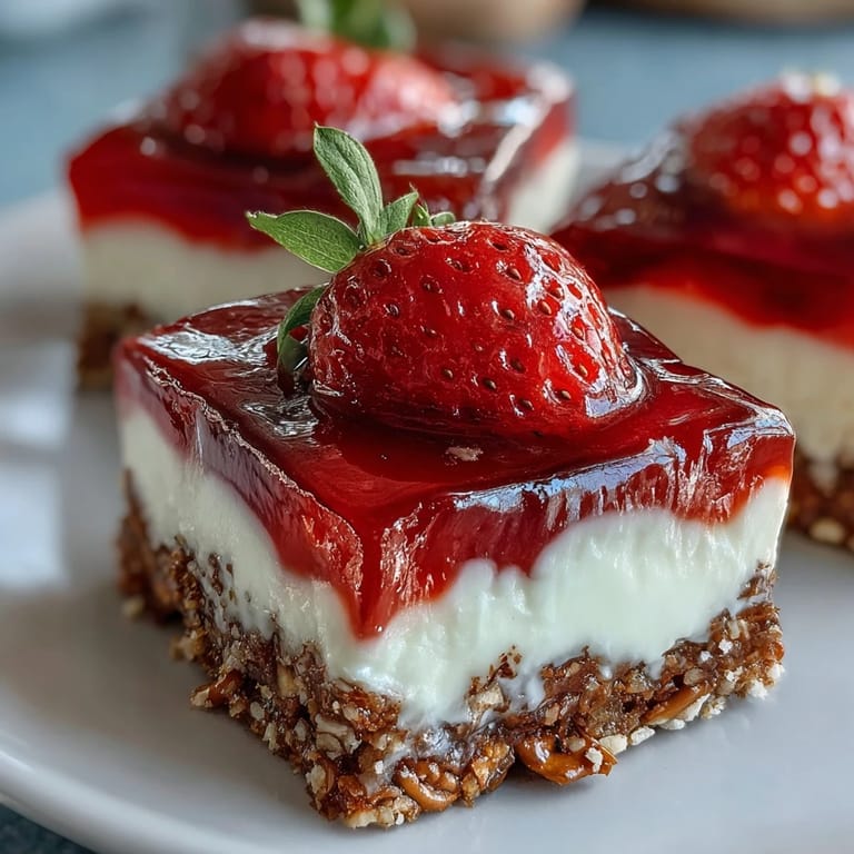 A vibrant slice of Strawberry Pretzel Salad dessert, showcasing its iconic sweet and salty layers.