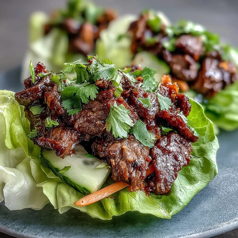 Tender, caramelized Korean BBQ beef fills a fresh lettuce leaf topped with crunchy kimchi.