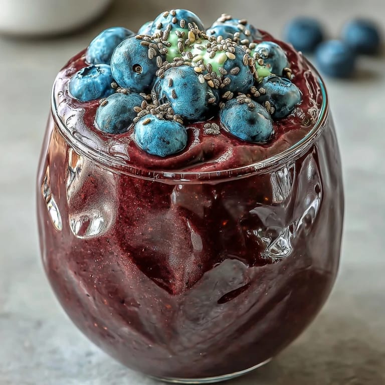 Creamy Probiotic Kefir Smoothie bursting with blueberries and flaxseed, perfect refreshing breakfast.