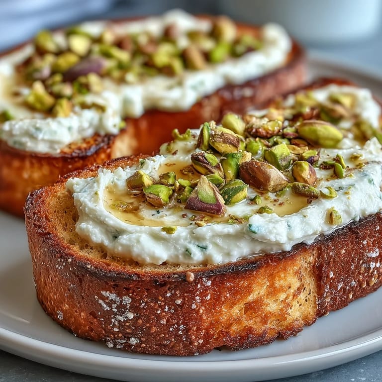 Enjoy this easy Whipped Ricotta Toast with Honey and Pistachios, a sweet, nutty delight.