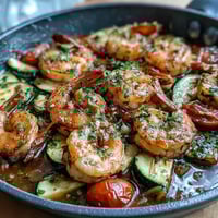 One-pan lemon butter shrimp with zucchini and tomatoes in a vibrant skillet, topped with fresh parsley.  