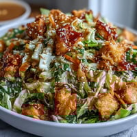 Quick Crispy Rice Salad with Peanut Sesame Dressing in a white bowl, golden rice clusters mixed with vibrant shredded cabbage, cucumber, and red bell pepper, topped with sesame seeds.