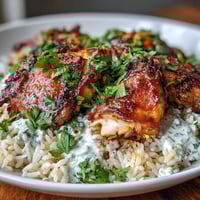 One Pot Shawarma Chicken and Rice with aromatic spices, seared chicken, and fluffy basmati rice, served with a zesty yogurt drizzle.  