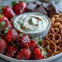 Galentines Leftover Strawberry Snack Board with Yogurt Dip featuring juicy strawberries, creamy yogurt dip, and colorful fruit and crackers.