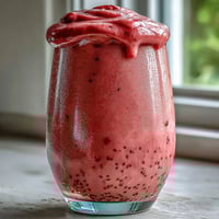 A vibrant, creamy strawberry banana protein smoothie with chia seeds, perfect for a healthy breakfast or post-workout boost.