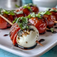 Picnic Caprese Skewers with Balsamic Drizzle: Colorful skewers stacked with cherry tomatoes, fresh mozzarella, and basil, finished with a glossy balsamic reduction.  