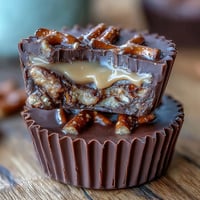 Crunchy pretzel homemade peanut butter cups with creamy filling and chocolate topping.  