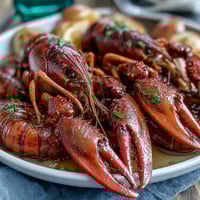 A vibrant Cajun crawfish boil with corn, potatoes, and Andouille sausage, seasoned boldly and served family-style on a newspaper-lined table.