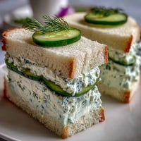 A platter of classic Benedictine tea sandwiches with creamy cucumber spread and fresh dill garnish, perfect for Derby Day parties.