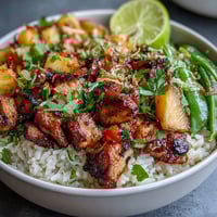 Vibrant coconut pineapple chicken rice bowls with tender chicken, sweet pineapple, and fresh vegetables.  
