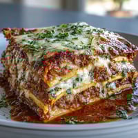 A bubbling, golden-baked lasagna with layers of rich meat sauce, creamy ricotta, and melted mozzarella.