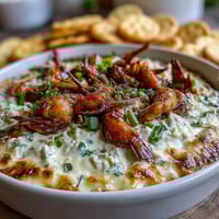 Creamy Crawfish Boil Dip with cream cheese, bell peppers, and Cajun spices in a baking dish.  