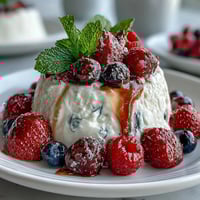 Creamy frozen yogurt bark topped with fresh mixed berries, a healthy summer snack for kids and adults alike.