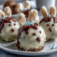 Festive Easter bunny cake pops coated in creamy white chocolate, decorated with candy ears and marshmallow tails for spring celebrations.