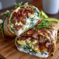 Fluffy scrambled eggs, savory ham, and fresh herbs wrapped in a vibrant spinach tortilla for a colorful breakfast.