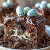Easter Bunny Dirt Cups with Chocolate Pudding and Oreos in clear cups, layered with rich pudding and crushed cookies, topped with bunny candies and sprinkles for a festive dessert.