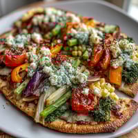 St. Patrick's Day Rainbow Veggie Flatbread Pizza with vibrant fresh vegetables arranged in a festive rainbow pattern on golden baked flatbread.