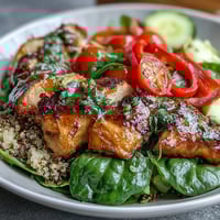 Grilled lemon chicken and fresh veggies in a vibrant quinoa bowl with zesty lemon vinaigrette.
