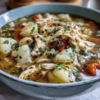 Slow Cooker Chicken Pot Pie Soup in a creamy, hearty bowl with tender chicken and vegetables.