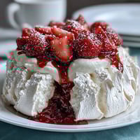 Mini Pavlovas with Strawberries and Cream: Crisp, airy meringue shells topped with silky whipped cream and juicy, macerated strawberries.