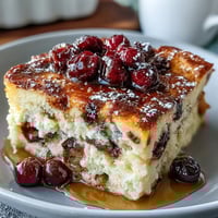 Fluffy blueberry pancake casserole baked golden with juicy berries, perfect for a cozy weekend brunch with maple syrup.