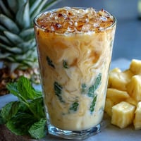 A vibrant pineapple coconut agua fresca in a tall glass with ice and fresh mint garnish, perfect for summer refreshment.