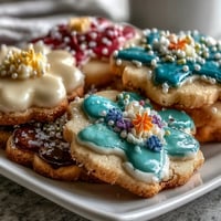 Delicate flower-shaped shortbread cookies with vibrant royal icing, perfect for a spring celebration or tea party.