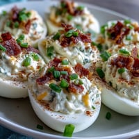 Jalapeño Popper Deviled Eggs with Cream Cheese - Spicy deviled eggs topped with crispy bacon and fresh jalapeños for a bold appetizer.  